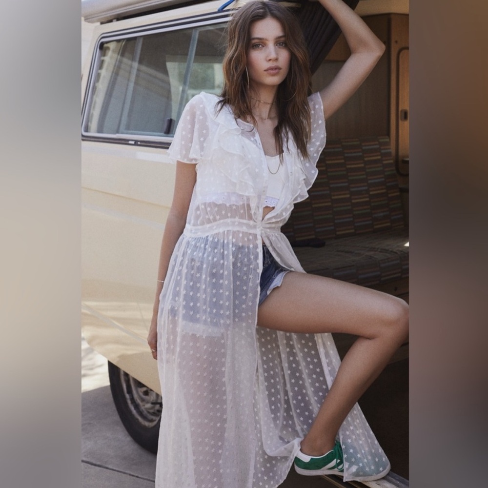 For Love & Lemons Sheer Cream Shimmering Star Ruffle Button Up Dress NWT